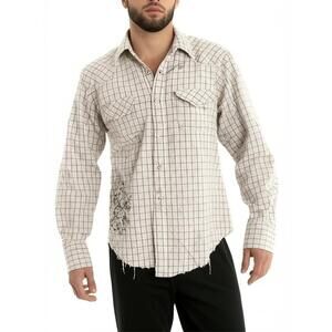 Manchester‎ Ltd. Beige Plaid Western Frayed Repaired Snap Button Shirt L